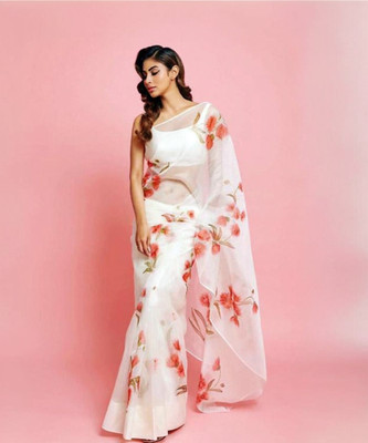 Divastri Floral Print Bollywood Organza Saree(White)