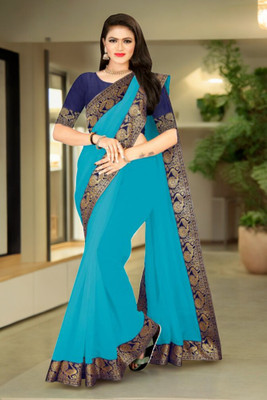 Volmina Solid/Plain Chanderi Cotton Blend Saree(Light Blue)