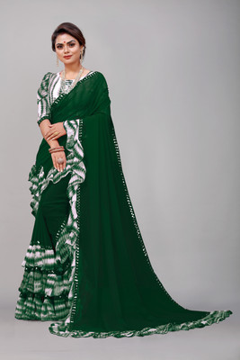 FIERTE Self Design, Printed, Dyed, Digital Print, Solid/Plain Bollywood Georgette, Chiffon Saree(Dark Green)