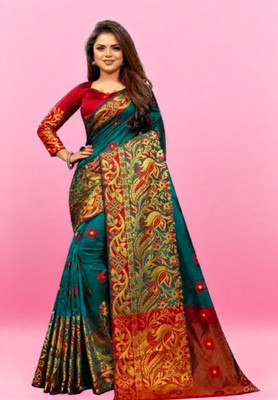 branson Solid/Plain, Woven, Floral Print Kanjivaram Cotton Silk Saree(Multicolor)