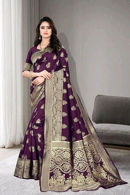 RADHEPRIYA Woven Banarasi Cotton Silk Saree(Purple)