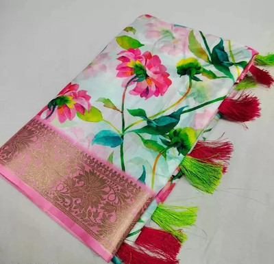 J6 Designers Printed Bandhani Cotton Silk Saree(White)