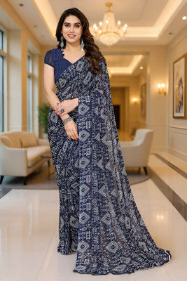SmittenSmit Printed Bollywood Georgette Saree(Dark Blue)