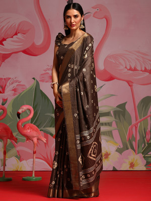 Sareemall Printed Bandhani Silk Blend Saree(Brown)