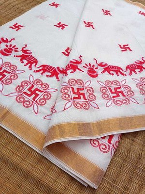 Priyongboda Printed Jamdani Handloom Cotton Blend Saree(White, Red)