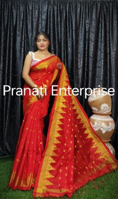 PRANATI ENTERPRISE Temple Border Tant Cotton Silk Saree(Red)