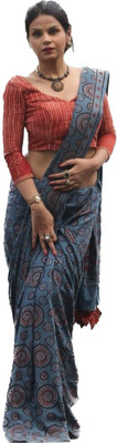 anadeeKALA Printed, Self Design, Blocked Printed Handloom Pure Cotton Saree(Blue)