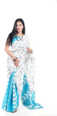 Shri Shyam Enterprises Printed Daily Wear Cotton Blend Saree(Blue, White)