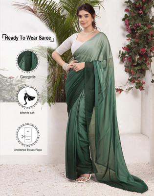 Satrani Dyed, Solid/Plain Bollywood Georgette Saree(Dark Green, Light Blue)