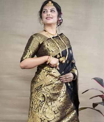 Liezen Woven, Embroidered Banarasi Silk Blend Saree(Black)