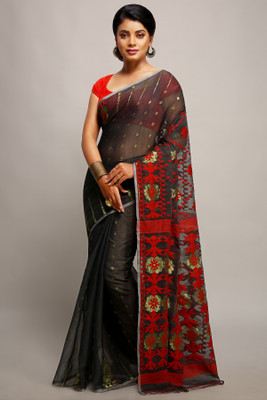 Divastri Checkered Jamdani Pure Cotton Saree(Black)