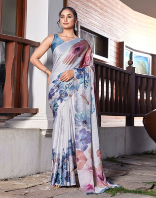 Tasrika Digital Print, Printed Bollywood Satin Saree(White)