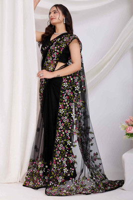 LADY SHOPI Embroidered Bollywood Net Saree(Black)