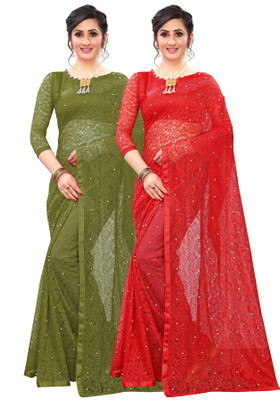Croza Self Design Bollywood Net Saree(Pack of 2, Multicolor)