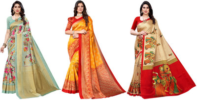 YASHIKA Printed, Woven Kasavu Art Silk Saree(Pack of 3, Light Green, Yellow, Beige)