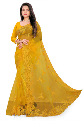SPAREN CREATION Self Design Bollywood Net Saree(Yellow)