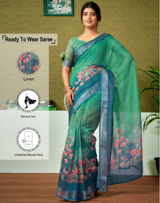 Satrani Digital Print, Floral Print, Embellished Bollywood Linen Saree(Green)