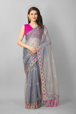 TIRTH CREATION Embroidered Bollywood Supernet Saree(Grey)