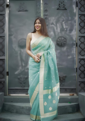 rujave Woven Kanjivaram Linen Saree(Green)