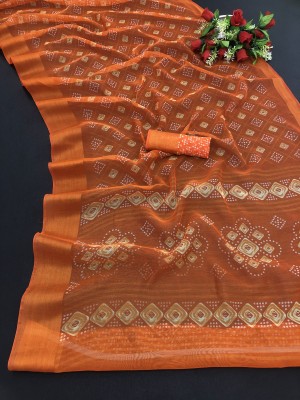 SARETRA MALL Geometric Print Bandhani Cotton Linen Saree(Orange)