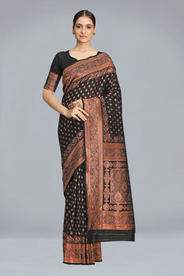 Monjolika Fashion Woven Banarasi Silk Blend Saree(Black)