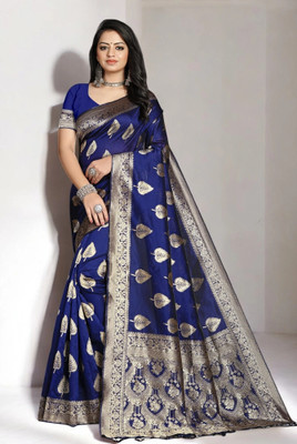 Pikham Self Design Banarasi Art Silk Saree(Dark Blue)
