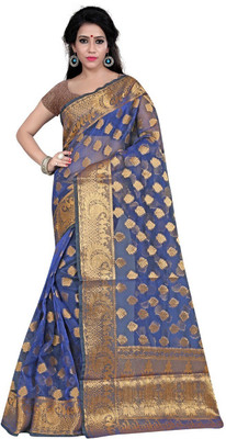 Hinayat Fashion Self Design, Printed, Embroidered, Embellished, Woven Banarasi Cotton Silk, Silk Blend Saree(Blue)