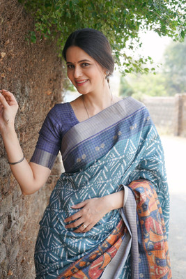 Laxmi Fashion Printed, Floral Print Assam Silk Jacquard, Cotton Silk Saree(Brown, Dark Blue, Multicolor)