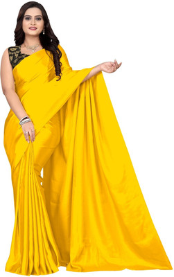 KV Fashion Solid/Plain Bollywood Satin Saree(Yellow)