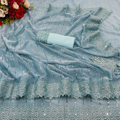 miracletex Embellished Daily Wear Lycra Blend Saree(Light Blue)