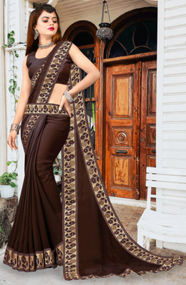 Offirra International Embroidered Banarasi Lycra Blend, Chiffon Saree(Brown)