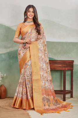 Dharmata Enterprise Digital Print Bollywood Viscose Rayon Saree(Beige)