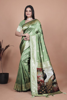 TRINETRA STUDIO Woven, Digital Print, Floral Print Banarasi Cotton Silk Saree(Light Green)