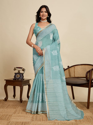 Anjaneya Sarees Printed Bollywood Linen Saree(Light Blue)