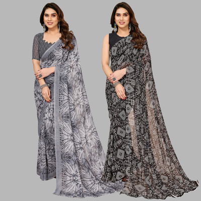 Anand Sarees Printed Daily Wear Georgette Saree(Pack of 2, Grey, Black)