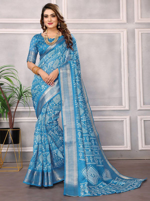 Moda Rapido Printed Bandhani Cotton Blend Saree(Blue)