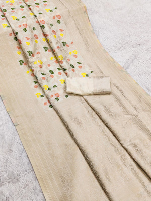 Keswi Fab Woven Banarasi Pure Silk Saree(White)