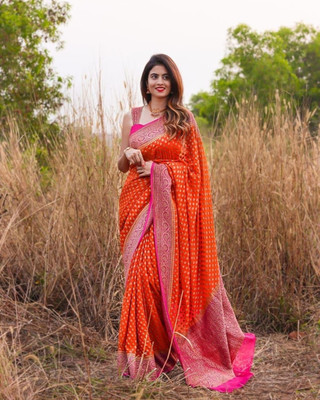 Indiotsav Woven Banarasi Silk Blend Saree(Orange)