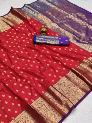 nikchi hub Woven Kanjivaram Silk Blend Saree(Red)