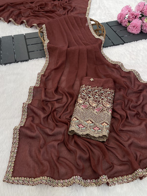 K 5 FASHION Embroidered, Solid/Plain Bollywood Chiffon Saree(Maroon)