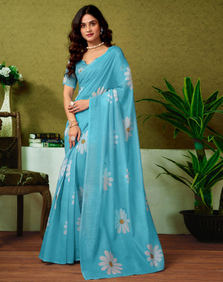 SIRIL Floral Print, Geometric Print, Printed Sambalpuri Chanderi, Cotton Blend Saree(Blue)