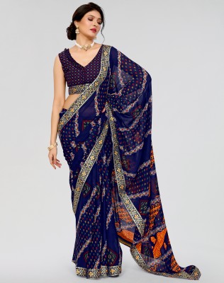 Nirvaan Printed Bollywood Georgette, Lace Saree(Blue)