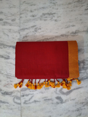 SOUMEN CREATION Solid/Plain Bollywood Handloom Cotton Blend Saree(Red)