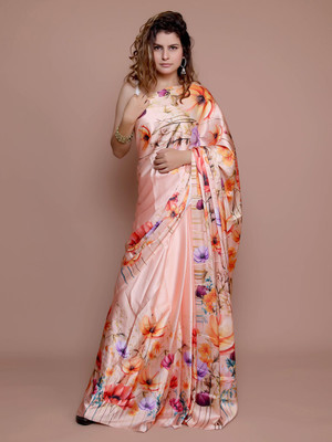 ANOUK Printed Saree with Attached Blouse Satin Saree(Orange)
