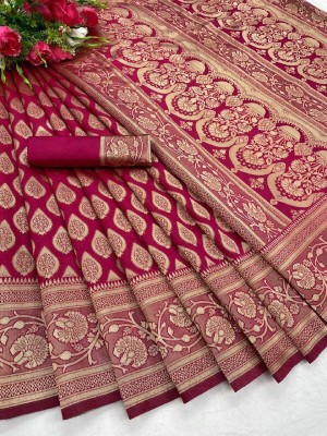 KHANJAN FASHION Geometric Print, Graphic Print, Woven Kanjivaram Silk Blend, Jacquard Saree(Pink)