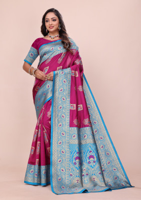 FashionZonee Embellished, Woven Paithani Pure Silk Saree(Pink)