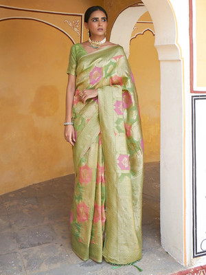 Janasya Woven, Self Design Chanderi Silk Blend Saree(Light Green)