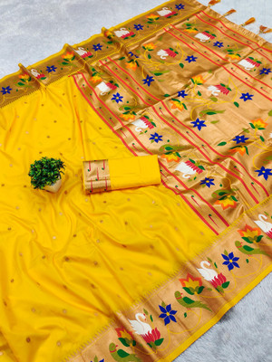 PANZORA Woven Paithani Cotton Silk Saree(Yellow)
