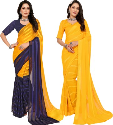 Anand Sarees Ombre, Striped Bollywood Satin Saree(Pack of 2, Yellow, Blue)