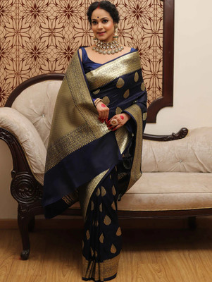 Julee Self Design Banarasi Pure Silk Saree(Dark Blue)